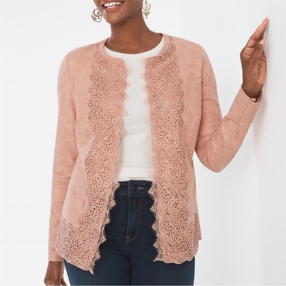 Chico's Women Sz 1 Pink Perforated Faux Suede Long Sleeve Leather Jacket Outwear
